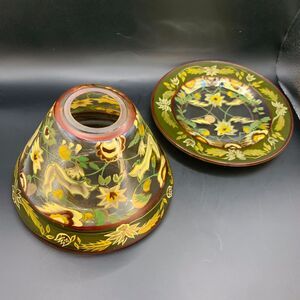 Yankee Candle Holder 2 Piece Set Gold Accent Glass Floral Topper Plate Painted